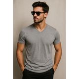Erkek %100 Pamuk Kısa Kollu V Yaka Gri T-Shirt - 0 Siyah
