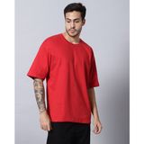 Erkek %100 Pamuk Oversize Kesim Bisiklet Yaka Basic Tişört - Kırmızı