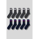 Erkek 10'lu Paket Pamuk Çizgili Tenis-Spor Çorap - Gri-Lacivert