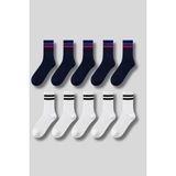 Erkek 10'lu Paket Pamuk Çizgili Tenis-Spor Çorap - Lacivert-Beyaz