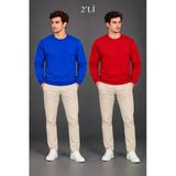 Erkek 2'Li Bisiklet Yaka İçi Şardonlu 2 İplik Düz Uzun Kollu Regular Fit Sweatshirt - Mavi & Kırmızı
