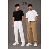 Erkek 2'Li Bürümcük Kumaş Beli Lastikli Bağcıklı Bol Paça Pantolon - Beyaz/Vizon