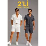 Erkek 2li Krep Kumaş Cepli Gömlek Şort Takım Kısa Kollu Bağcıklı - Beyaz - Füme - 2XL - Çok Renkli