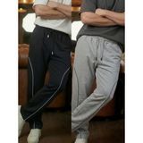Erkek 2'li Siyah-Gri Baggy Biyeli Oversize Relaxed 4 Mevsim Eşofman Altı Bol Paça 2 Iplik Tam Kalıp