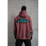 Erkek 3 İplik Içi Pamuklu Alev Baskılı Kapüşonlu Hoodie Sweatshirt - Gül Kurusu