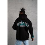 Erkek 3 İplik Pamuklu Alev Baskılı Kapüşonlu Hoodie Sweatshirt - Siyah