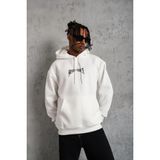 Erkek 3 Iplik Pamuklu Baskılı Kapüşonlu Cepli Sweatshirt Hoodie - Beyaz - 2XL
