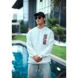 Erkek 3 Iplik Pamuklu Bisiklet Yaka Ön ve Arka Baskılı Sweatshirt - Beyaz - XL