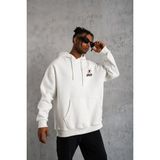 Erkek 3 Iplik Pamuklu Kapüşonlu Baskılı Cepli Oversize Sweatshirt Hoodie - Beyaz - XL
