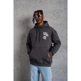 Erkek 3 İplik Pamuklu Kapüşonlu Baskılı Cepli Oversize Sweatshirt Hoodie - Füme