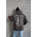 Erkek 3 İplik Pamuklu Kapüşonlu Baskılı Cepli Oversize Sweatshirt Hoodie - Gri