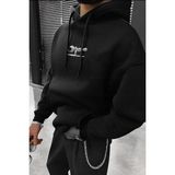 Erkek 3 Iplik Pamuklu Kapüşonlu Baskılı Cepli Oversize Sweatshirt Hoodie - Siyah - 2XL