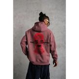 Erkek 3 Iplik Pamuklu Kapüşonlu Baskılı Cepli Sweatshirt Hoodie - Gül Kurusu - XL
