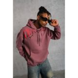 Erkek 3 İplik Pamuklu Kapüşonlu Baskılı Cepli Sweatshirt Hoodie - Gül Kurusu