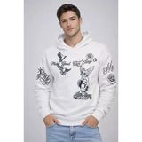 Erkek 3 İplik Pamuklu Kapüşonlu Baskılı Sweatshirt Hoodie - Beyaz