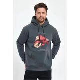 Erkek 3 İplik Pamuklu Kapüşonlu Cepli Boks Eldiven Baskılı Hoodie Sweatshirt - Füme