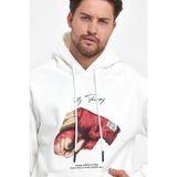 Erkek 3 İplik Pamuklu Kapüşonlu Cepli Box Eldiven Baskılı Hoodie Sweatshirt - Beyaz