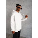 Erkek 3 Iplik Pamuklu Kapüşonlu Cepli Düz Oversize Hoodie Sweatshirt - Beyaz - Siyah