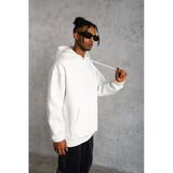 Erkek 3 İplik Pamuklu Kapüşonlu Cepli Düz Oversize Hoodie Sweatshirt - Beyaz