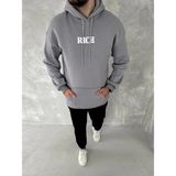 Erkek 3 Iplik Pamuklu Kapüşonlu Kanguru Cepli Baskılı Oversize Hoodie Sweatshirt - Gri