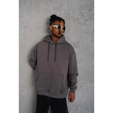 Erkek 3 Iplik Pamuklu Kapüşonlu Kanguru Cepli Sweatshirt Hoodie - Gri - 2XL