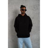 Erkek 3 İplik Pamuklu Kapüşonlu Kanguru Cepli Sweatshirt Hoodie - Siyah