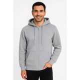 Erkek 3 Iplik Pamuklu Kapüşonlu Tam Fermuarlı Cepli Hoodie Sweatshirt - Gri - 2XL