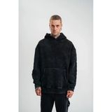 Erkek 3 İplik Pamuklu Kapüşonlu Yıkamalı Nakışlı Hoodie Sweatshirt - Siyah