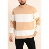 Erkek 3 Iplik Pamuklu Parçalı Bisiklet Yaka Sweatshirt - Bej