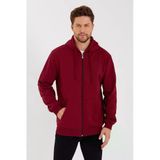 Erkek 3 İplik Pamuklu Tam Fermuarlı Kapüşonlu Kanguru Cepli Düz Hoodie Sweatshirt - Bordo