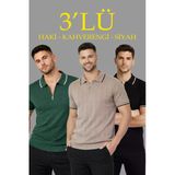 Erkek 3 Lü Paket Dokuma Triko Fermuarlı Yakalı Fitilli Kısa Kollu Regular Fit Tişört - 8720039