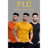 Erkek 3'lü Bisiklet Yaka Tişört – Kısa Kollu Yazlık Slim Fit Body - Siyah, Turuncu, Sarı
