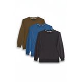 Erkek 3'lü Füme-Mavi-Yeşil Relax Fit Rahat Kesim %100 Pamuk 2 İplik Bisiklet Yaka Sweatshirt
