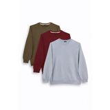 Erkek 3'lü Haki-Bordo-Gri Relax Fit Rahat Kesim %100 Pamuk 2 İplik Bisiklet Yaka Sweatshirt