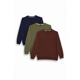 Erkek 3'lü Kahve-Yeşil-Lacivert Relax Fit Rahat Kesim %100 Pamuk 2 İplik Bisiklet Yaka Sweatshirt