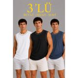 Erkek 3’lü Kolsuz Sporcu Atlet Seti Yazlık Bisiklet Yaka - Siyah, Beyaz, İndigo (L)