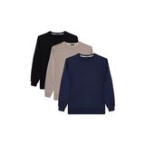 Erkek 3'lü Lacivert-Taş-Siyah Relax Fit Rahat Kesim %100 Pamuk 2 İplik Bisiklet Yaka Sweatshirt