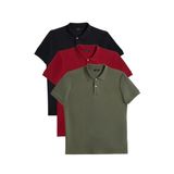 Erkek 3'lü Paket Siyah-Bordo-Haki Slim Fit Dar Kesim Pamuklu Düz Pike Polo Yaka Tişört