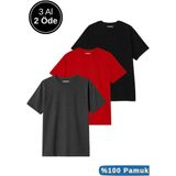 Erkek 3lü Paket Siyah-Kırmızı-Antrasit Pamuklu Oversize Tişört Bisiklet Yaka Kısa Kollu T-Shirt - 0 Siyah - XL