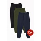 Erkek 3'lü Paket Siyah-Lacivert-Haki Regular Fit Beli Bağcıklı Jogger Cepli Lastikli Paça Eşofman Altı