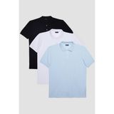 Erkek 3'lü Paket Siyah-Mavi-Beyaz Slim Fit Dar Kesim Pamuklu Düz Pike Polo Yaka Tişört - Karışık