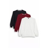 Erkek 3'lü Siyah-Bordo-Beyaz Relax Fit Rahat Kesim %100 Pamuk 2 İplik Bisiklet Yaka Sweatshirt
