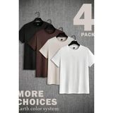 Erkek 4'lü Paket Siyah-Kahverengi-Beyaz-Taş Slim Fit Dar Kesim %100 Pamuk Bisiklet Yaka Tişört