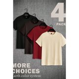 Erkek 4'lü Paket Siyah-Kahverengi-Kırmızı-Sarı Slim Fit Dar Kesim %100 Pamuk Bisiklet Yaka Tişört