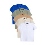 Erkek 5'li Paket Beyaz-Mavi-Taş-Vizon-Haki Slim Fit Pamuklu Düz Pike Polo Yaka Tişört