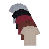 Erkek 5'li Paket Gri-Kahverengi-Kırmızı-Siyah-Taş Regular Fit Pamuklu Düz Pike Polo Yaka Tişört