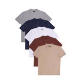 Erkek 5'li Paket Gri-Lacivert-Beyaz-Kahverengi-Taş Regular Fit Pamuklu Düz Pike Polo Yaka Tişört