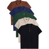 Erkek 5'li Paket Kahverengi-Lacivert-Koyu Yeşil-Taş-Siyah Slim Fit Pamuklu Düz Pike Polo Yaka Tişört
