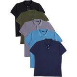 Erkek 5'li Paket Lacivert-Mavi-Gri-Haki-Siyah Slim Fit Pamuklu Düz Pike Polo Yaka Tişört - 2XL