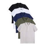 Erkek 5'li Paket Siyah-Beyaz-Lacivert-Haki-Gri Slim Fit Dar Kesim Pamuklu Düz Pike Polo Yaka Tişört